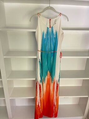 White Maxi Dress with Blue Teal and Orange Brushstroke Print